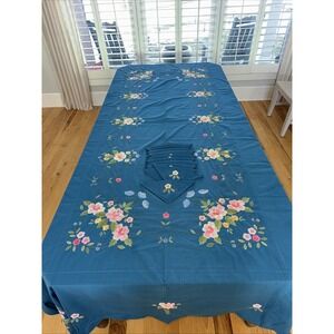 VTG Blue/pinks Hand Made Applique/ Embroidered Tablecloth 9ftx5ft/ 12 Napkins
